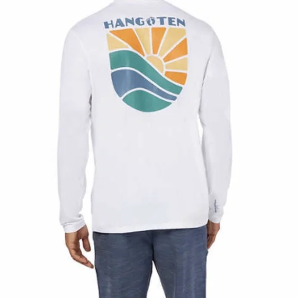 Men's Hang Ten White Crew Neck Long Sleeve UPF 50+ Quick Dry Graphic T-Shirt - Picture 1 of 9